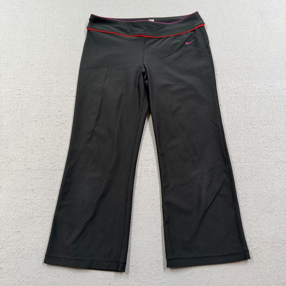 Nike Track Pants Womens Medium Black Pink Lined Fit Dry Wide Leg Swoosh Yoga Gym